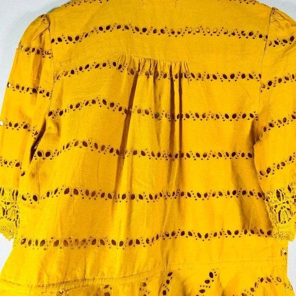 Rahi Yellow Paradise Cotton Eyelet Top Button-up Blouse with Tie Belt Size Small - Picture 4 of 7